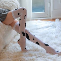 Image of Shu Yao erotic cow stockings sex stockings long milky white spotted socks high top over the knee W28