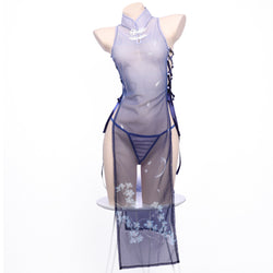 Image of Erotic lingerie cheongsam babes slit tie sheer mesh passion seduction print free cosplay blue