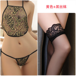 Image of Erotic lingerie lace hollow embroidery adult belly pocket sexy women's suit seduces couples fun pure desire wind teasing