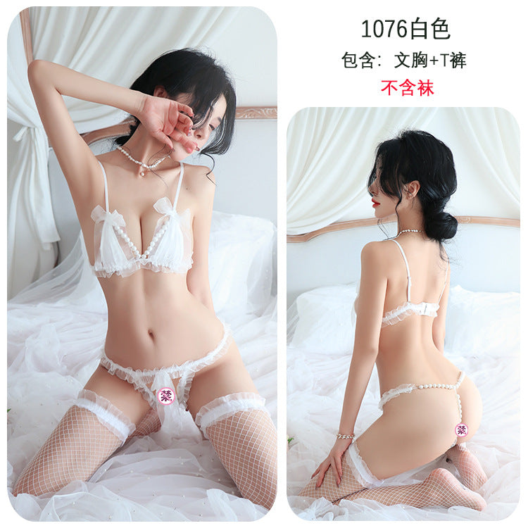 long night long sex lingerie sexy lace three-point pearl temptation thong passionate stripless suit female 1076