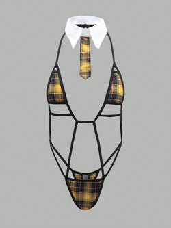 Image of Cross-border foreign trade explosive women's sexy tie strap-on one-piece plaid hollow sex set spot wholesale women