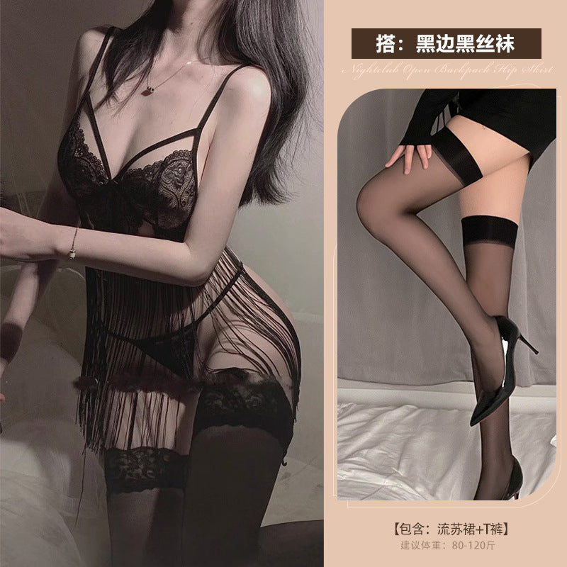 Astringent desire erotic lingerie sexy backless temptation lace see-through strap tassel free nightdress uniform set 0740