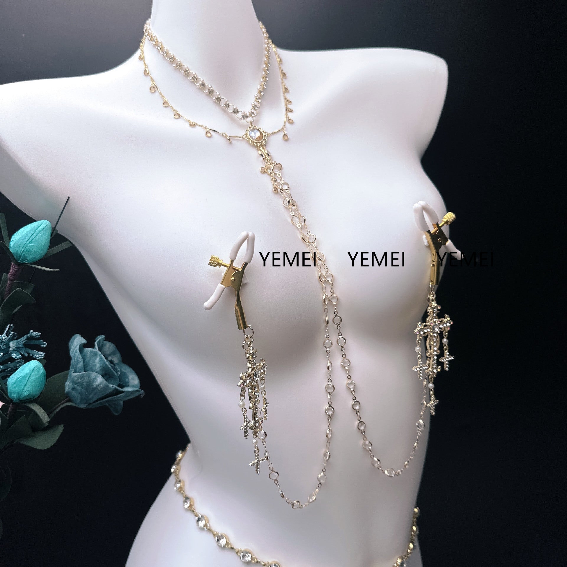 sex toys diamond set cross baroque style necklace breast clamp waist chain anal plug sm stimulation training male and female nipples
