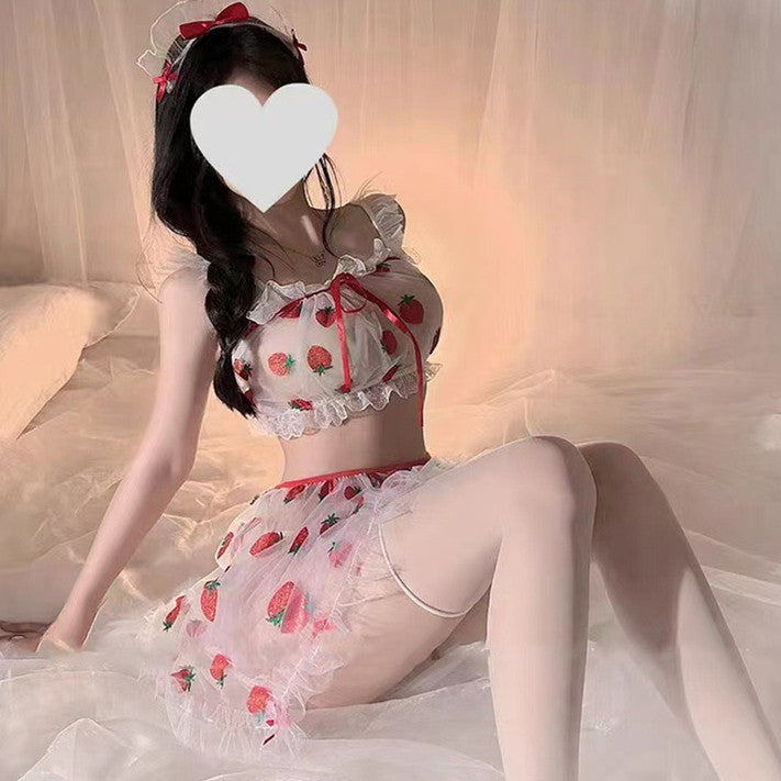 Pure desire couple fun lingerie see-through chiffon sweet sexy suspender seduction strawberry thin nightdress suit women's suit