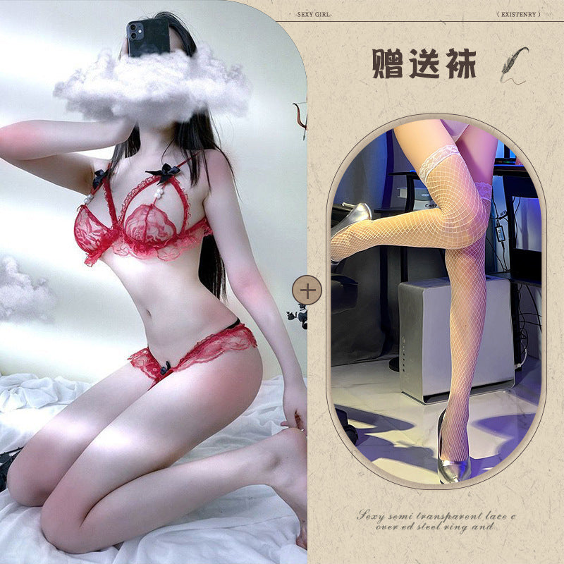 Night listening to fragrance sex fun underwear women's bikini three-point pearl thong bra passion set drop delivery