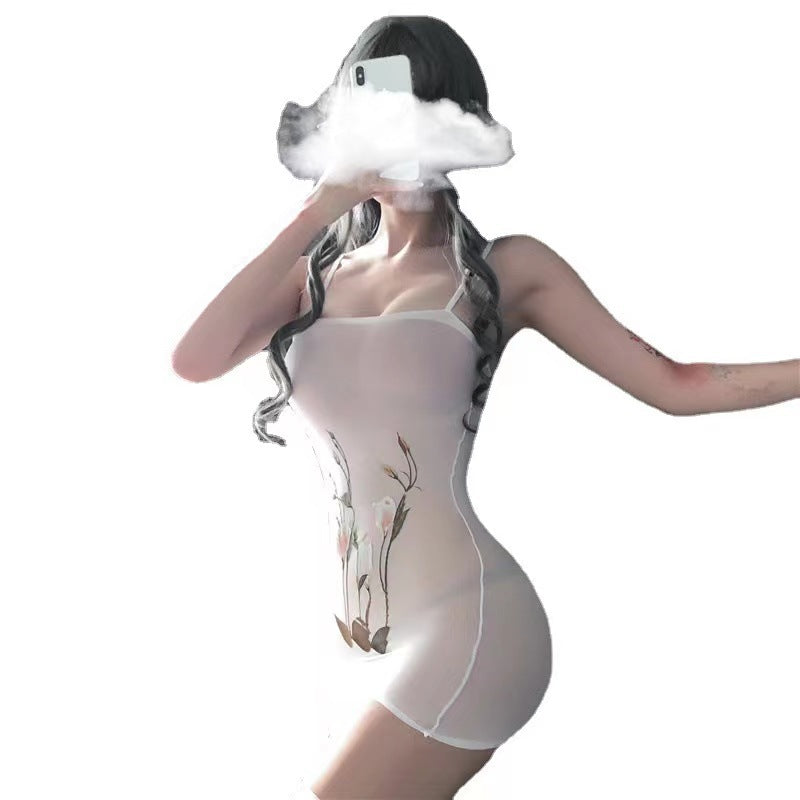 Sexy lingerie package ass short skirt stockings one-piece sexy print transparent flirting tight-fitting sexy stockings