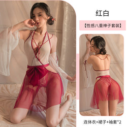 Image of Jiumu Yadai sexy underwear sexy transparent temptation chiffon hanfu sexy temptation ancient style see-through hanfu suit