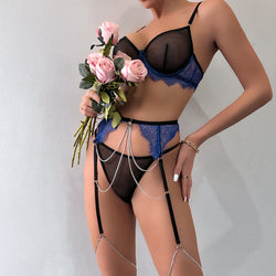 Image of European and American foreign trade erotic underwear hot sale lace mesh splicing contrast sexy gathering see-through belt chain three-piece set