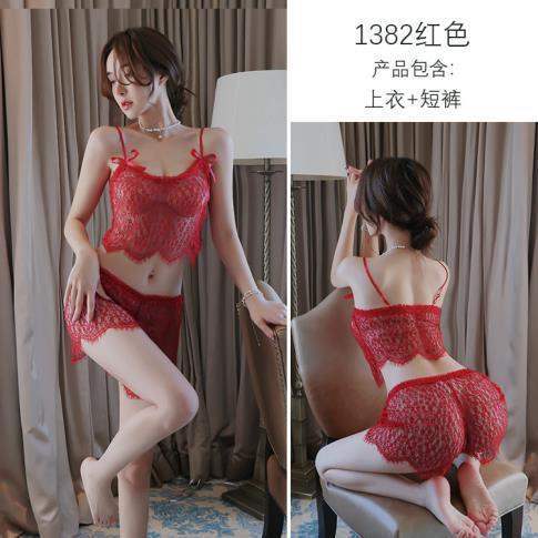 Underwear sheer lace seduction slip nightdress loungewear cute uniform set 1382