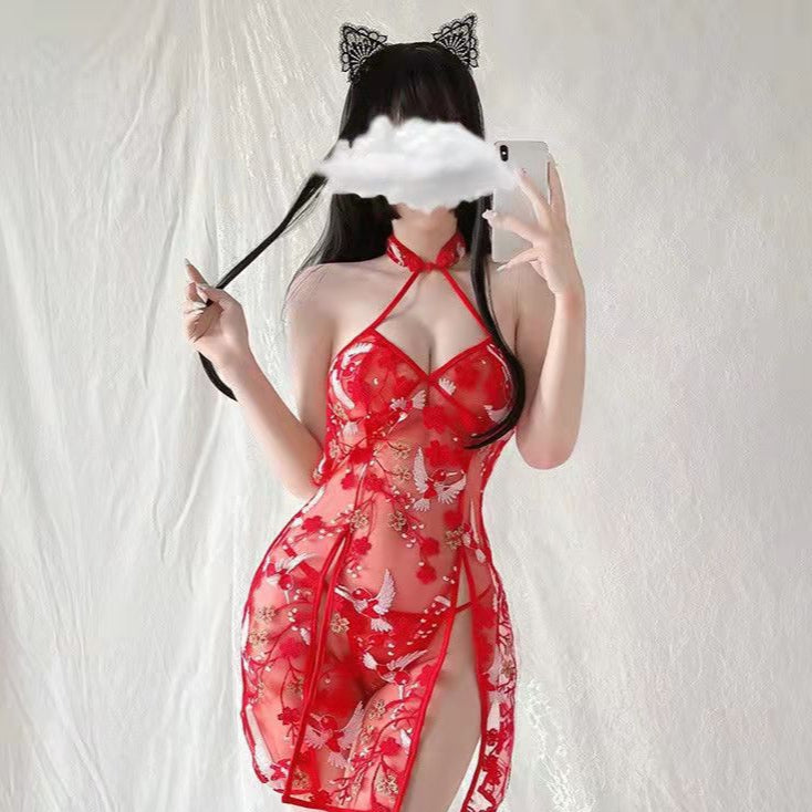 Image of Yuying, erotic underwear, classical flower and bird embroidery, slit cheongsam, national tide mesh see-through, free of temptation, passion, 2045