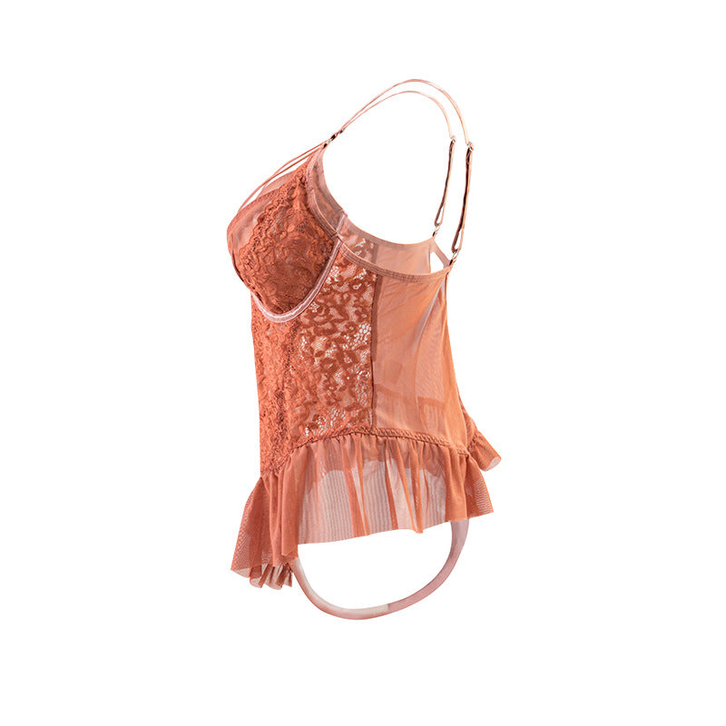 Image of European and American fat MM plus-size suit erotic underwear waist exposed buttocks ruffles sexy see-through erotic suspender jumpsuit