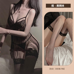 Image of Astringent desire erotic lingerie sexy backless temptation lace see-through strap tassel free nightdress uniform set 0740