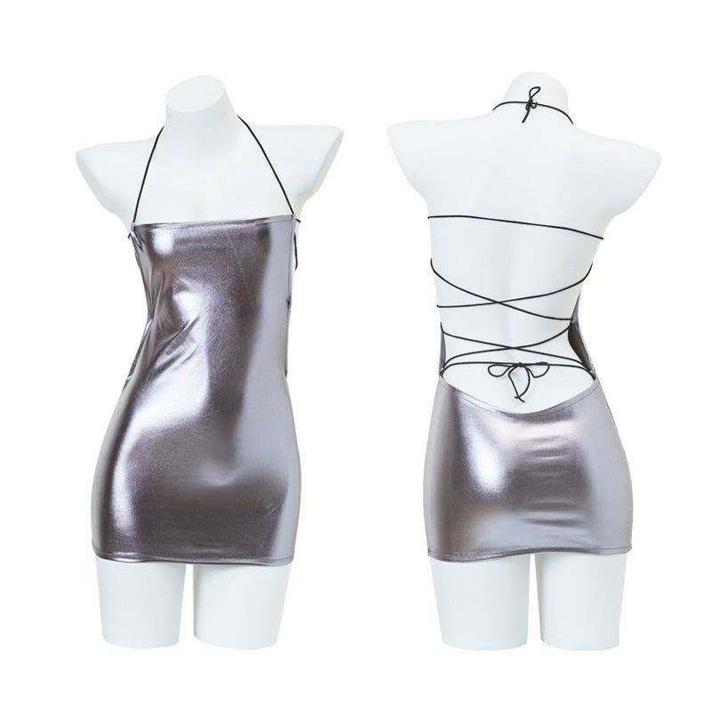 Yeyi love fun lingerie sexy hot girl low-cut patent leather bag hips backless nightclub style passion tight uniform