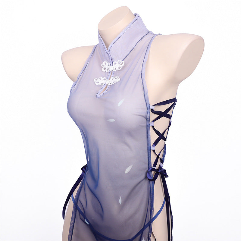 Erotic lingerie cheongsam babes slit tie sheer mesh passion seduction print free cosplay blue