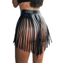 Image of Cross Border Tassel Short Leather Skirt Garter Belt Leather Lingerie Bdsm Bondage Punk Gothic Fetish Costumes