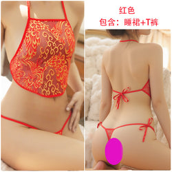 Image of Erotic lingerie lace hollow embroidery adult belly pocket sexy women's suit seduces couples fun pure desire wind teasing