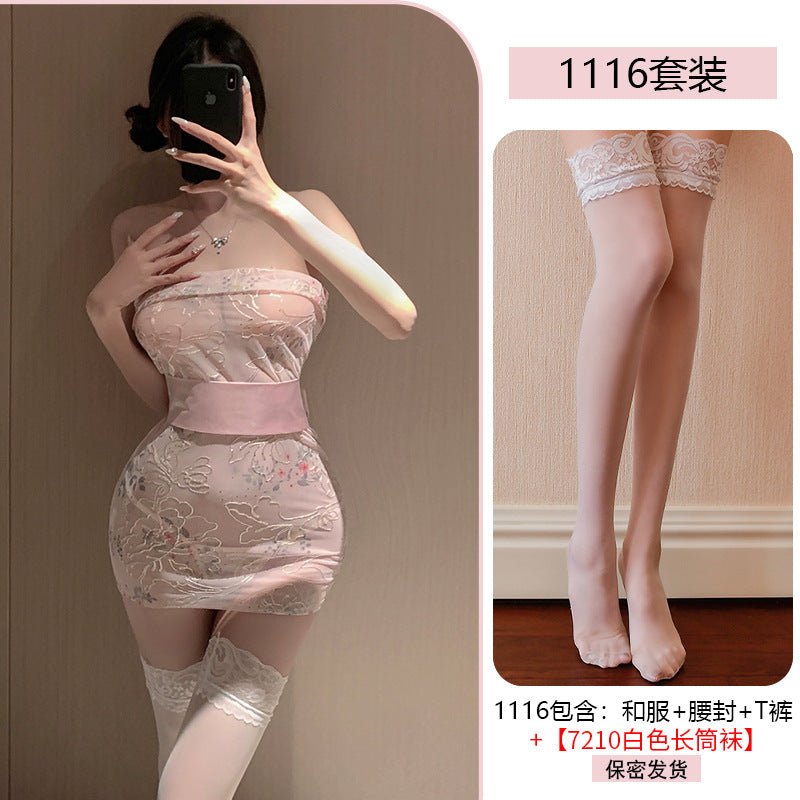 Transparent embroidery erotic lingerie sexy Japanese bra wrap kimono uniform temptation passion suit date robe 1116