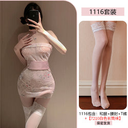 Image of Transparent embroidery erotic lingerie sexy Japanese bra wrap kimono uniform temptation passion suit date robe 1116