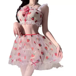 Image of Pure desire couple fun lingerie see-through chiffon sweet sexy suspender seduction strawberry thin nightdress suit women's suit