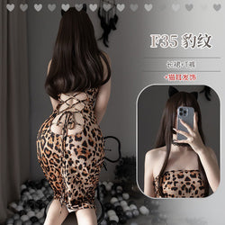 Image of Long skirt tie plus size erotic lingerie leopard print passion nightclub lady can wear uniform to seduce adult tight