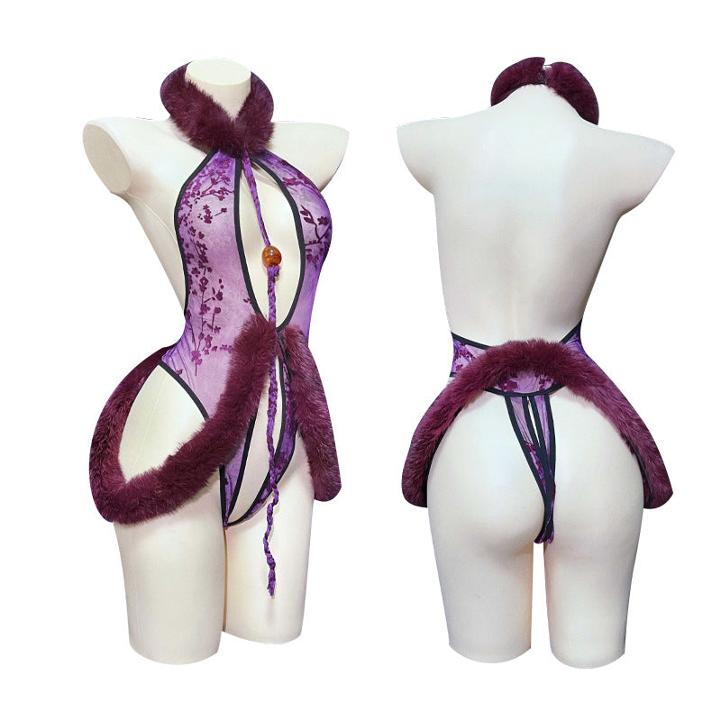 [Original Alice Secret Land] Medusa one-piece real rabbit hair see-through opening erotic underwear uniform temptation