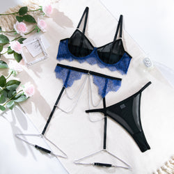 Image of European and American foreign trade erotic underwear hot sale lace mesh splicing contrast sexy gathering see-through belt chain three-piece set