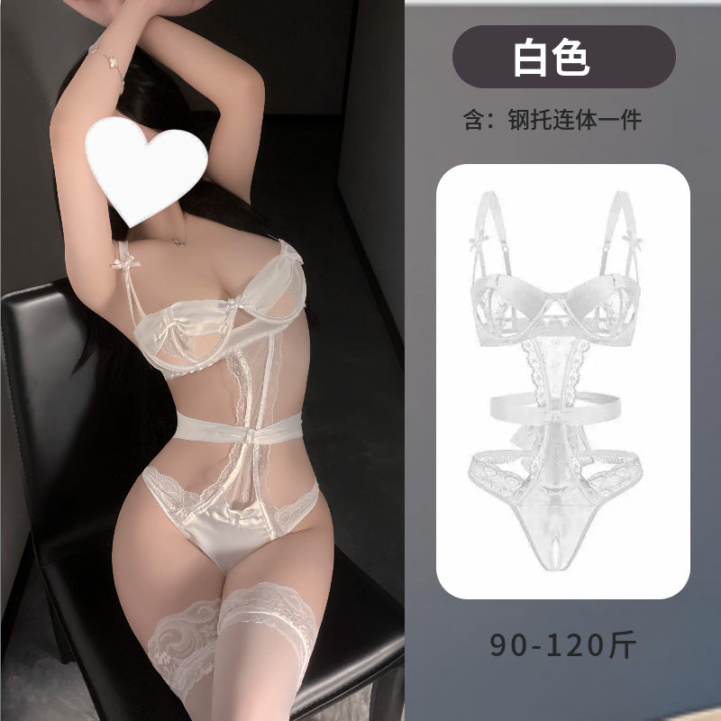 Meizhi Lan erotic lingerie pure desire lace open breast exposure jumpsuit tight temptation no take off sexy small breast suit
