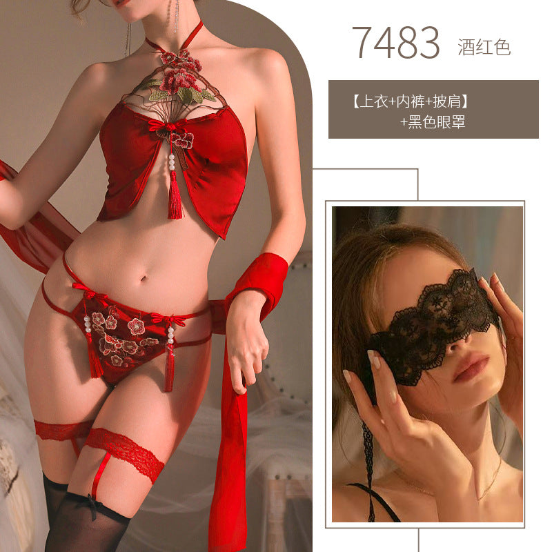 Image of Yeqin erotic underwear sexy classical embroidery belly pocket temptation role-playing bandeau cut-out plus size set 7483