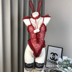 Image of Gardenia Sex Lingerie Bunny Girl Cute Lace One-piece Slim Sheer Strap Bundle Set Wholesale 8012