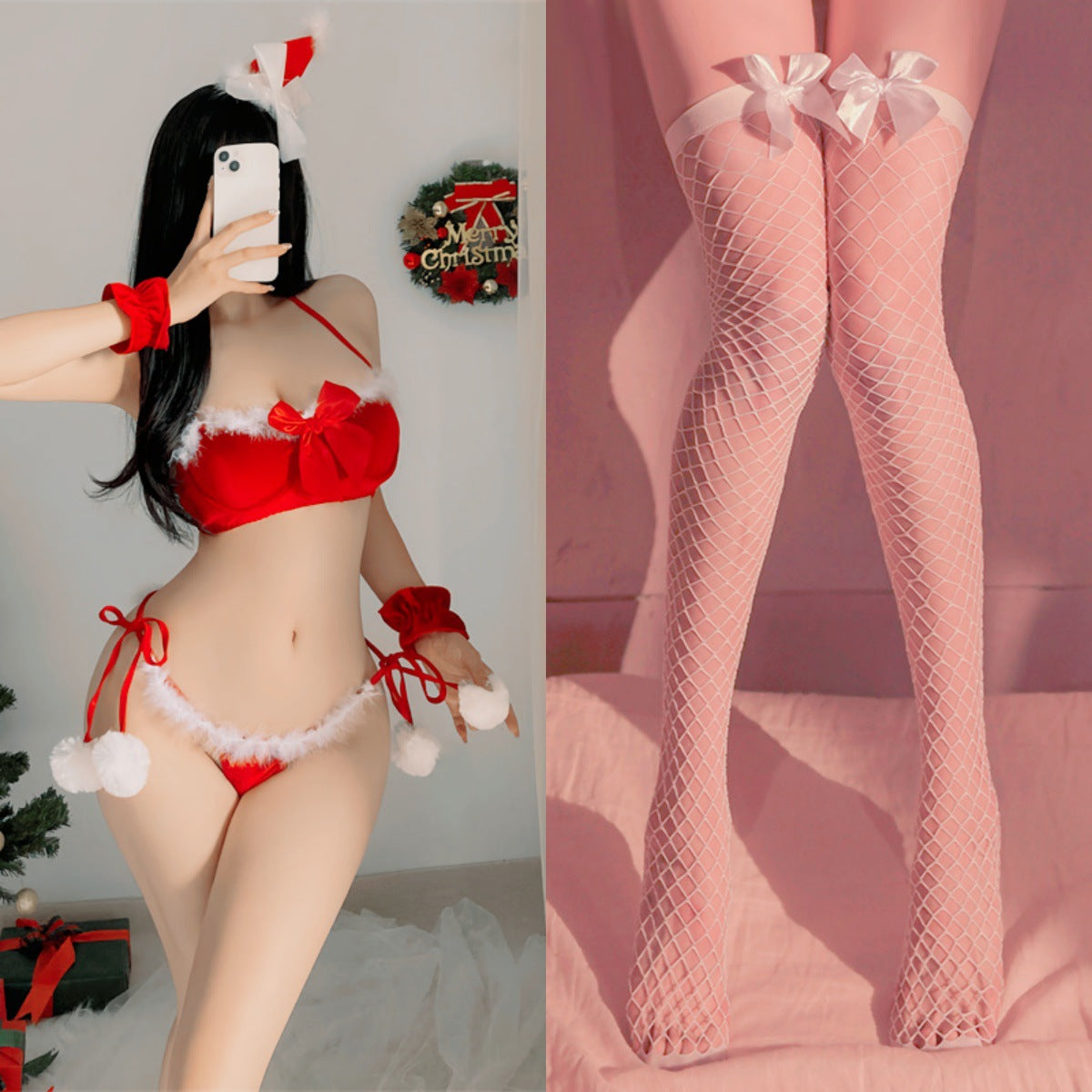 Erotic lingerie halloween cosplay seduction christmas elk plush sexy one-piece netting combo set