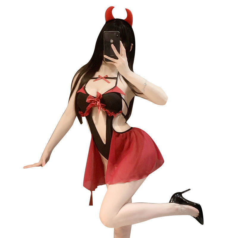 Doria erotic lingerie sexy cutout suspender bodysuit uniform Halloween little devil passion free crotch