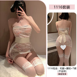 Image of Transparent embroidery erotic lingerie sexy Japanese bra wrap kimono uniform temptation passion suit date robe 1116