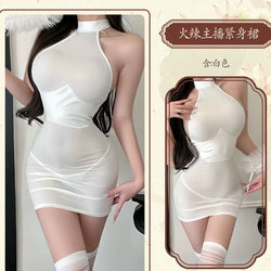 Image of That's right, the night erotic lingerie, sexy patent leather splicing, see-through hip skirt, uniform, secretary suit, tight pajama girl