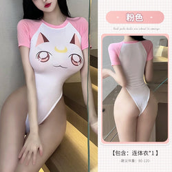 Image of Erotic inner female high fork tight-fitting opening no-takeoff jumpsuit COS anime little wildcat cosplay swimsuit party