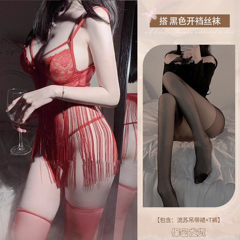 Astringent desire erotic lingerie sexy backless temptation lace see-through strap tassel free nightdress uniform set 0740