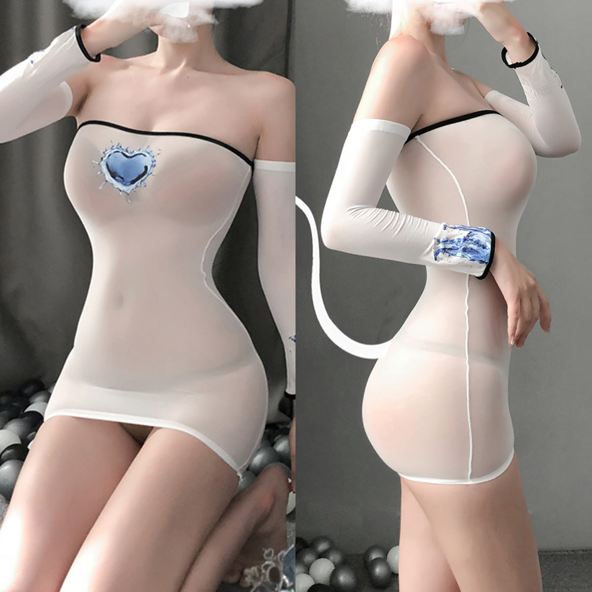 Image of Erotic lingerie sexy pure desire stockings hip skirt transparent seduction print long sleeve suit passion no tights