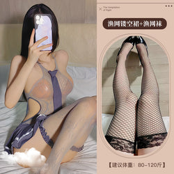 Image of Sexy lingerie sexy campus jk uniform set temptation mesh clothes transparent stockings jumpsuit pleated skirt drop shipping
