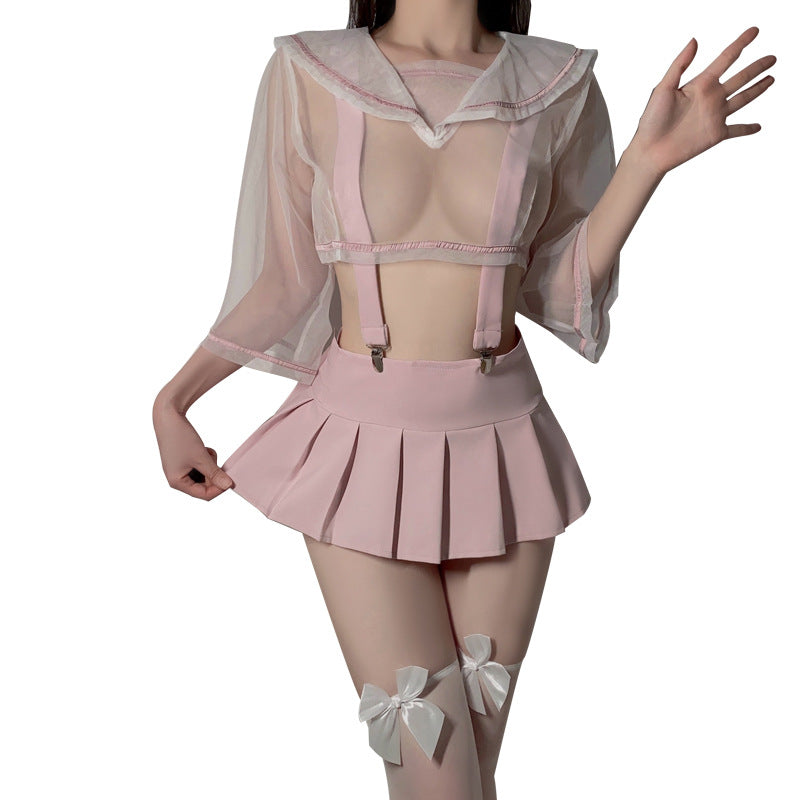 Gorgeous erotic lingerie, sweet see-through mesh, low-cut cute, cute square neck top, pleated skirt, uniform, sassy suit 493