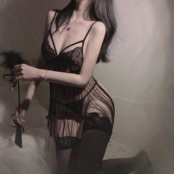 Image of Astringent desire erotic lingerie sexy backless temptation lace see-through strap tassel free nightdress uniform set 0740