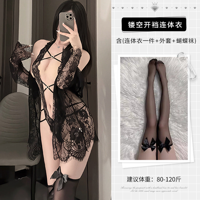Guifei sexy lingerie sexy lace one-piece pajamas crotch free of hot temptation provocative see-through nightdress set