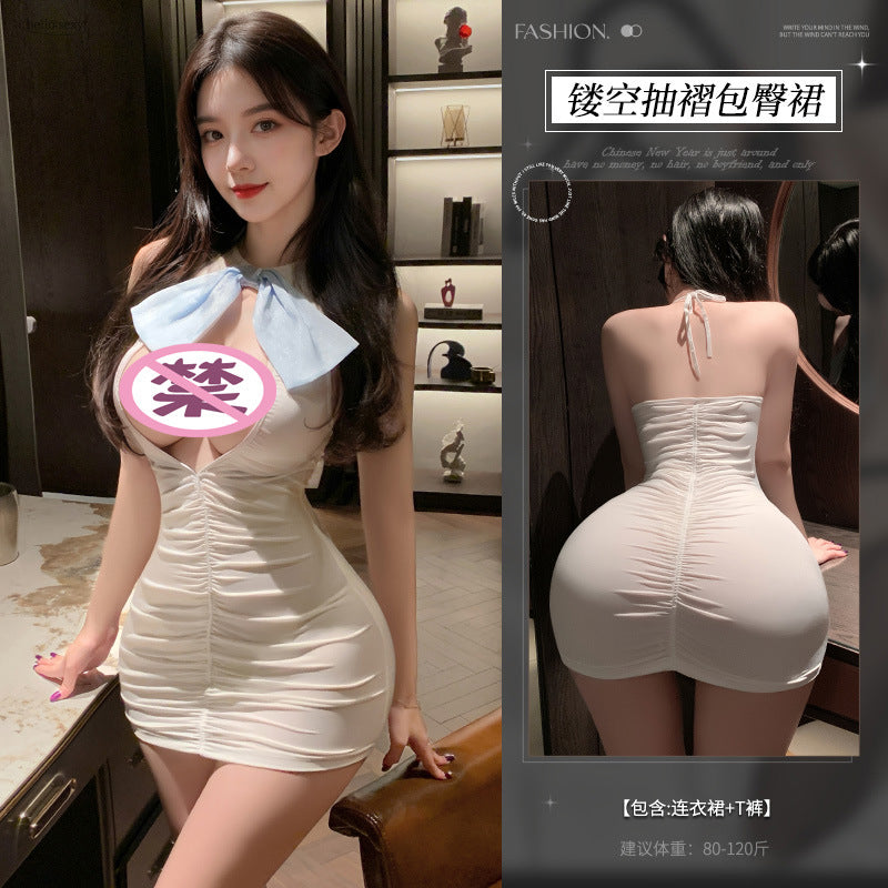 Manyan sexy lingerie see-through hip skirt suit sexy big bow cut-out backless dress female 100148