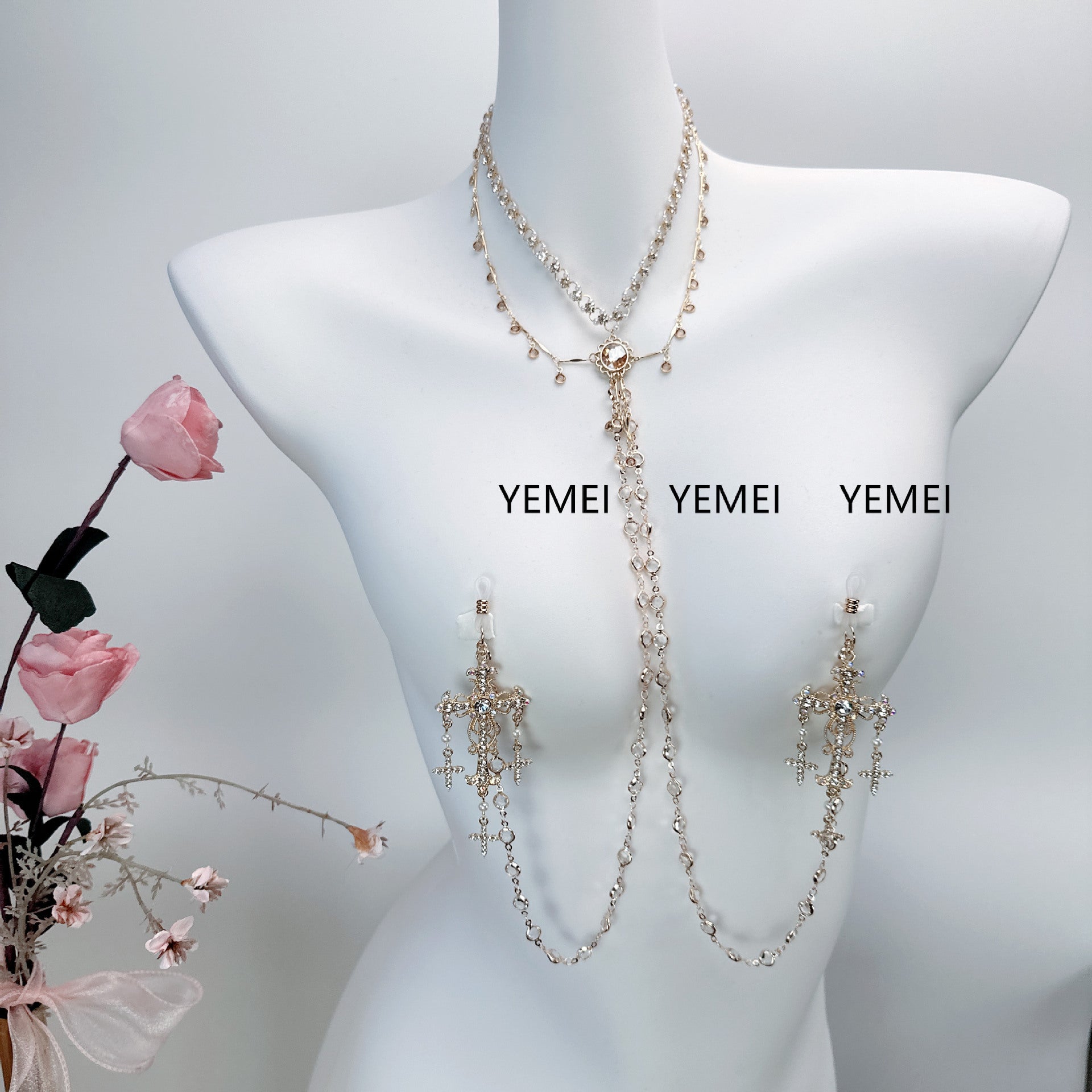 sex toys diamond set cross baroque style necklace breast clamp waist chain anal plug sm stimulation training male and female nipples