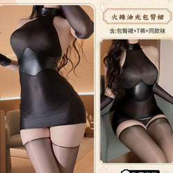 Image of That's right, the night erotic lingerie, sexy patent leather splicing, see-through hip skirt, uniform, secretary suit, tight pajama girl