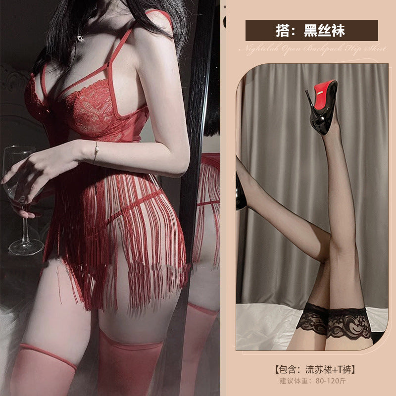 Astringent desire erotic lingerie sexy backless temptation lace see-through strap tassel free nightdress uniform set 0740