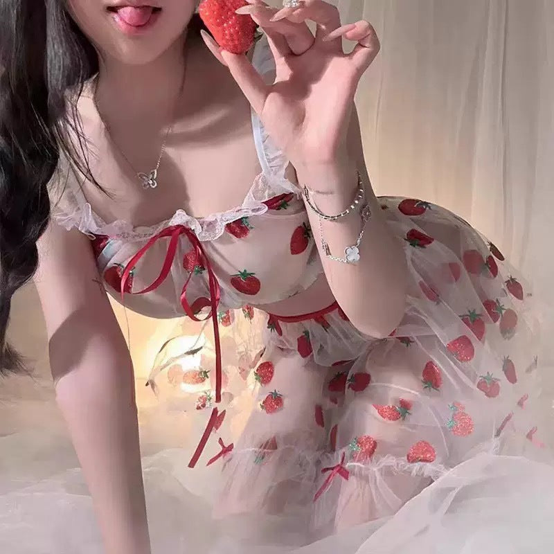 Pure desire couple fun lingerie see-through chiffon sweet sexy suspender seduction strawberry thin nightdress suit women's suit
