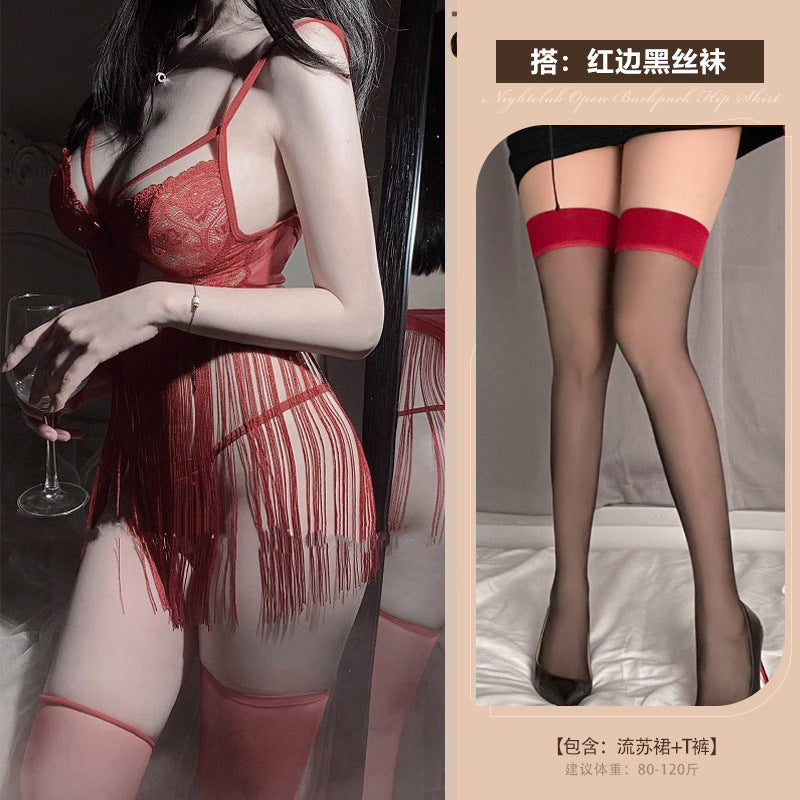 Astringent desire erotic lingerie sexy backless temptation lace see-through strap tassel free nightdress uniform set 0740