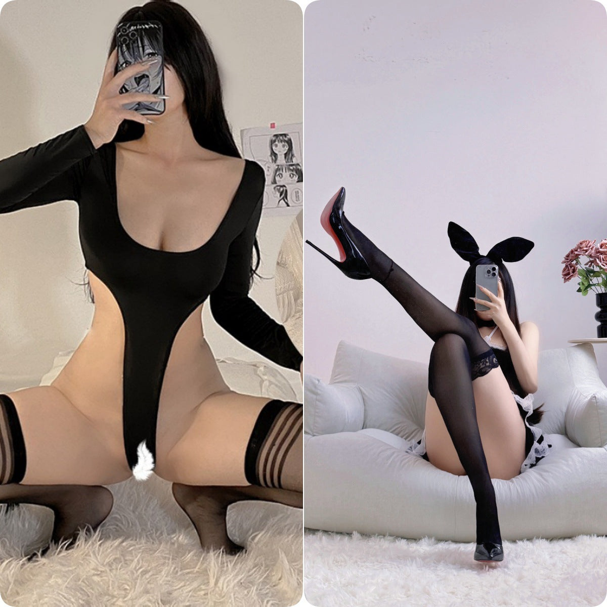 Erotic underwear sexy ice silk high elastic jumpsuit pure desire style long sleeve couple temptation pure desire love woman flirt 3025