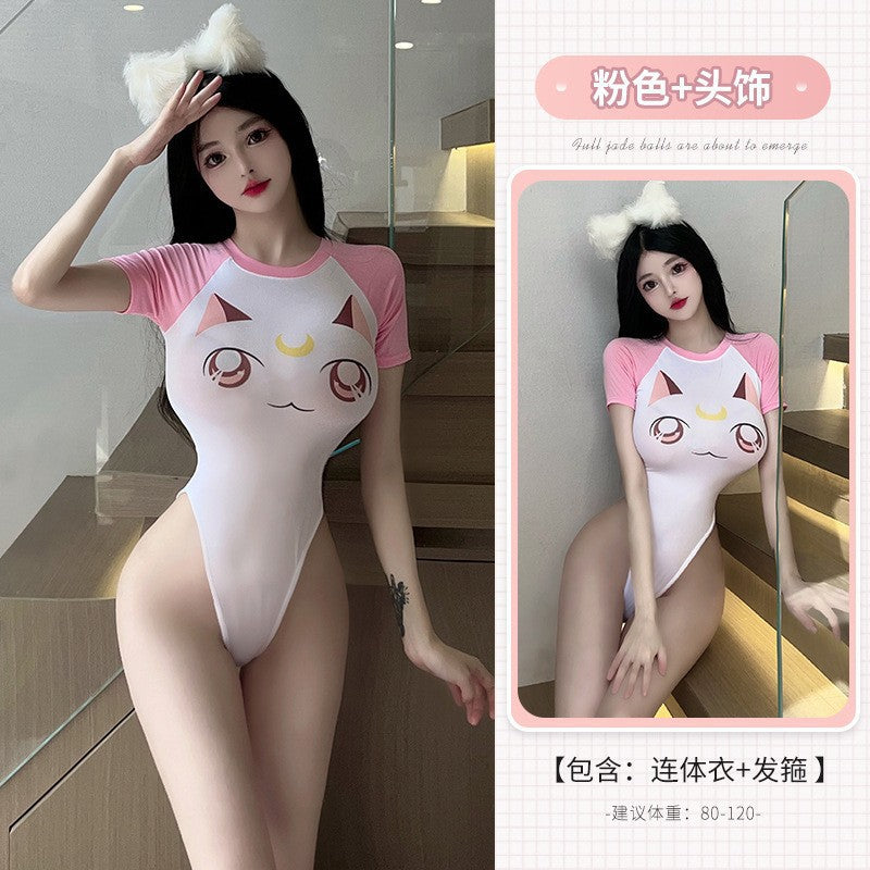 Erotic inner female high fork tight-fitting opening no-takeoff jumpsuit COS anime little wildcat cosplay swimsuit party