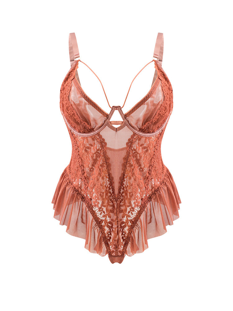 Image of European and American fat MM plus-size suit erotic underwear waist exposed buttocks ruffles sexy see-through erotic suspender jumpsuit