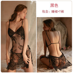 Image of Rose, erotic, lingerie, women, transparent lace, temptation, suspender nightdress, backless pajamas, loungewear set, 1581